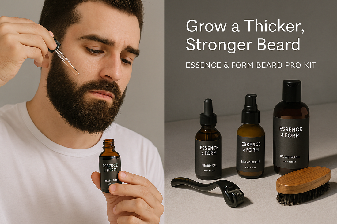 Essence & Form Beard Pro Kit — beard oil, serum, comb, derma roller, and wash bottle neatly arranged on a wooden surface.
