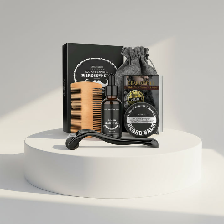 Beard growth kit with oil, balm, comb, and e-book in a box